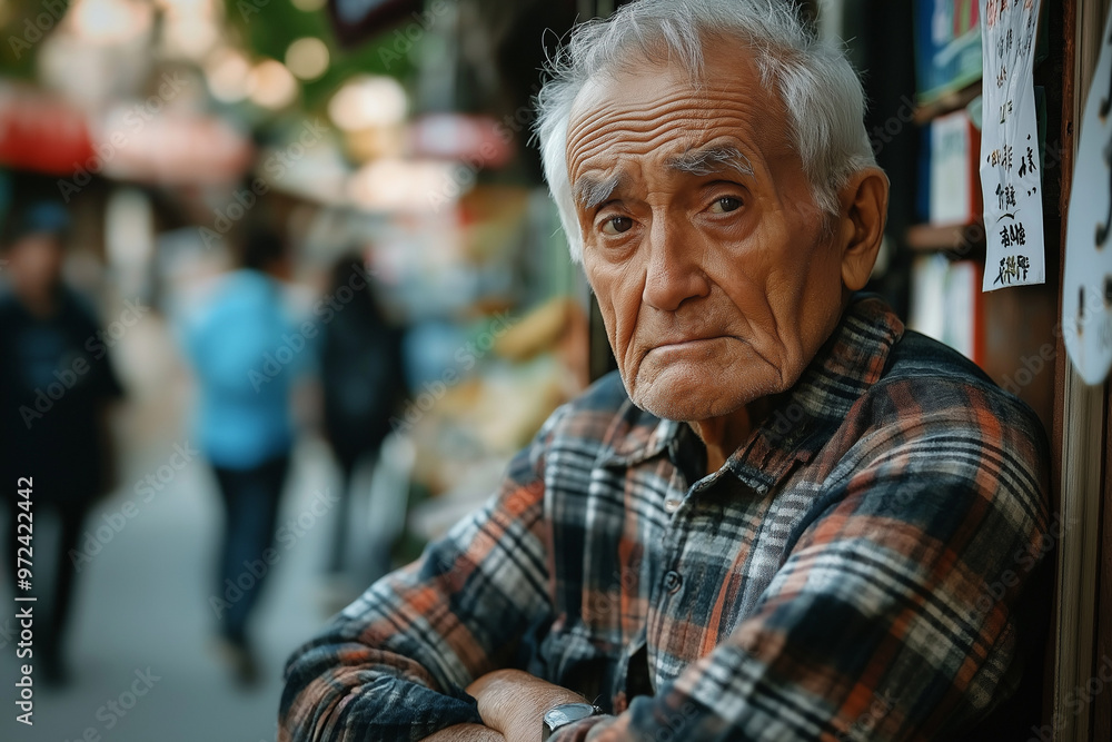 Elderly man with a contemplative expression standing in a bustling street. Elderly man with a contemplative expression standing in a bustling street.