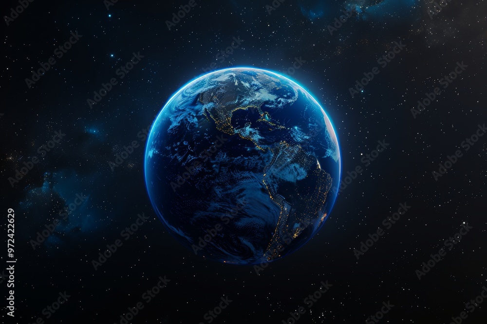 Obraz premium Earth Glowing with Blue Lights in the Dark Space from Orbit View.