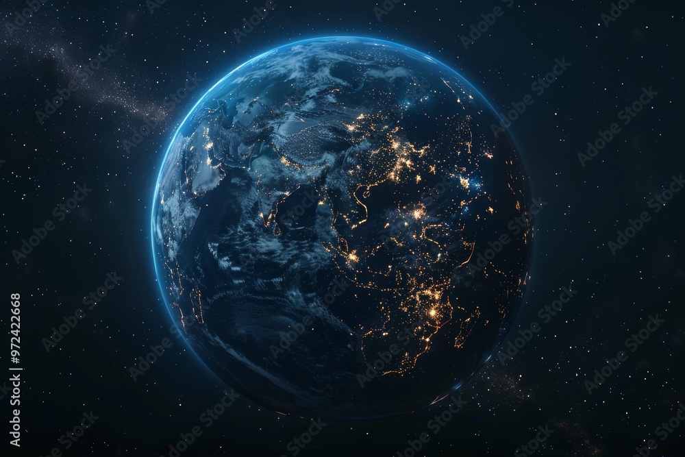 Obraz premium Earth Illuminated by Blue Glow in Dark Space View from Orbit.