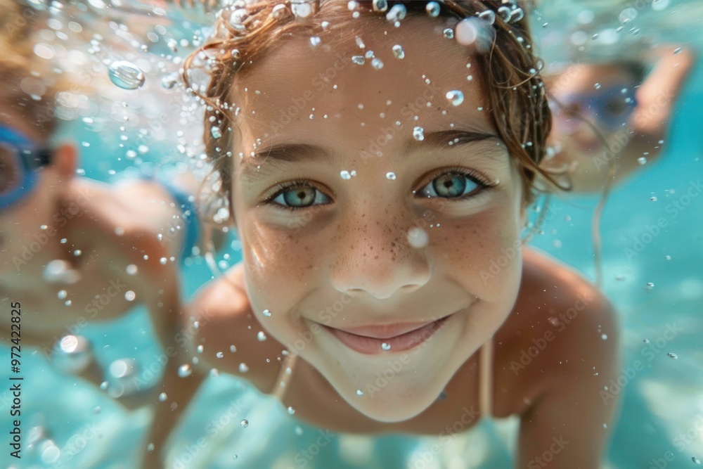 A child swims in the water with friends in a pool, ocean or sea. Underwater shooting A child swims in the water with friends in a pool, ocean or sea. Underwater shooting