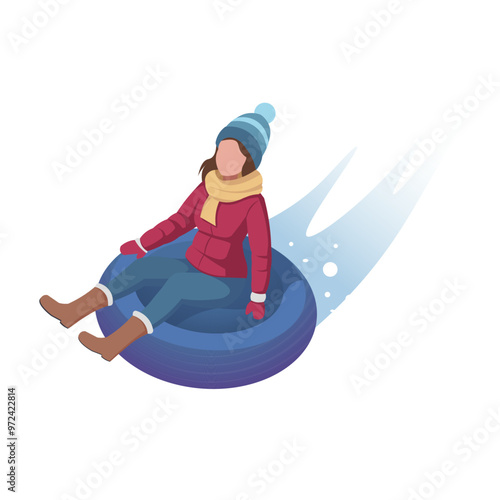 Woman tubing down snow hill in winter, dressed in warm clothing, isometric style, white background. Concept of winter sports. Vector illustration