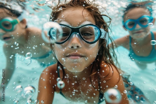 Wallpaper Mural Child girl in water glasses in water, pool, ocean, sea. Underwater shooting Torontodigital.ca