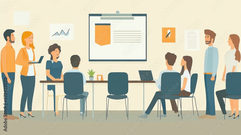 Modern flat design concept of a business training meeting, highlighting colleagues Modern flat design concept of a business training meeting, highlighting colleagues