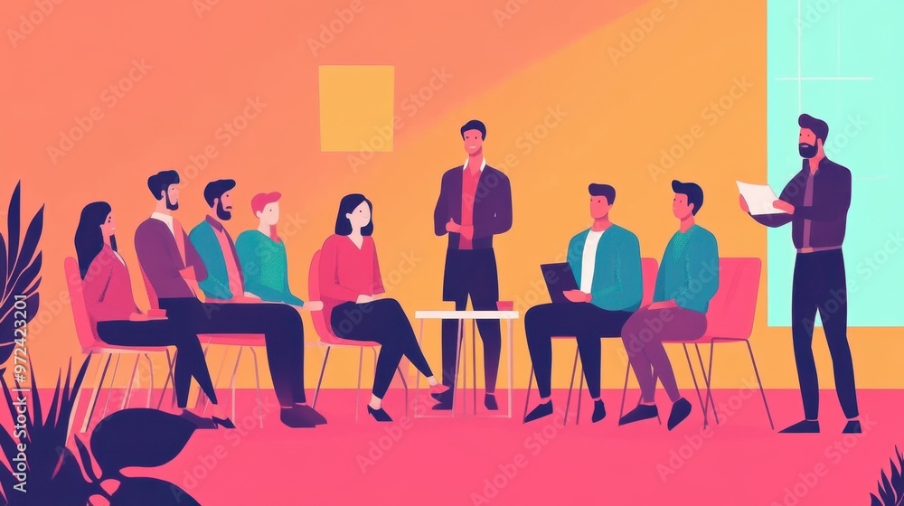 Modern flat design concept of a business training meeting, highlighting colleagues Modern flat design concept of a business training meeting, highlighting colleagues