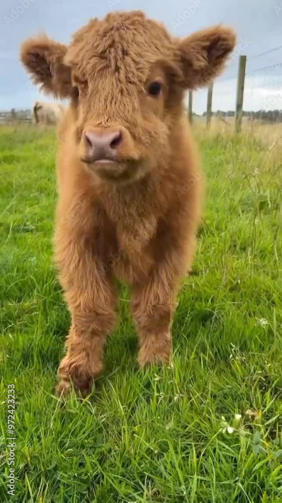 A young calf walks playfully in a grassy meadow, surrounded by vibrant greenery A young calf walks playfully in a grassy meadow, surrounded by vibrant greenery