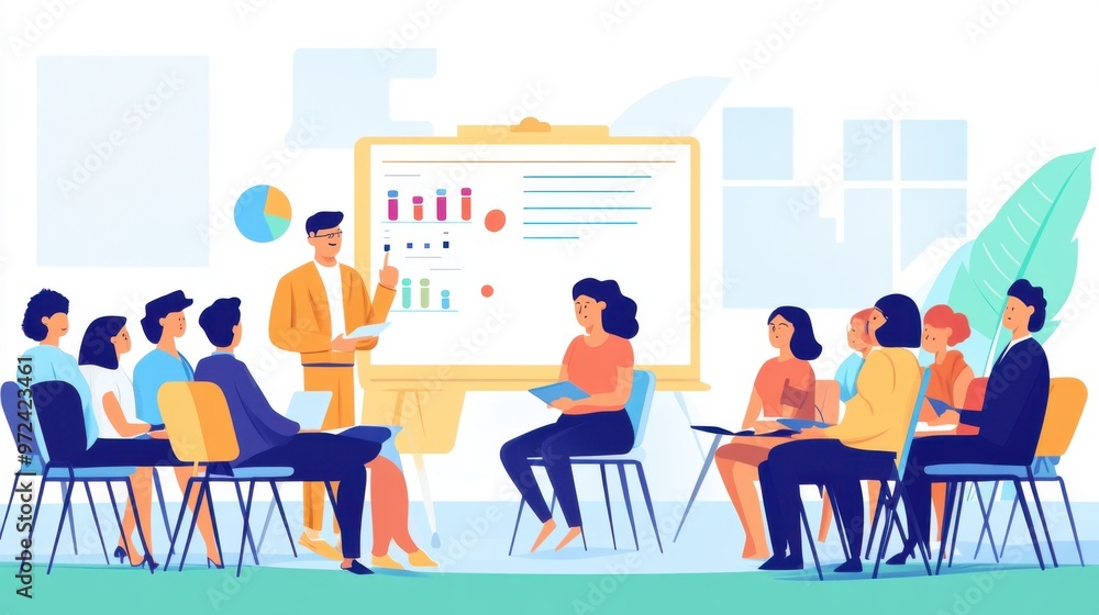 Modern flat design of a business training session with colleagues listening to a coach Modern flat design of a business training session with colleagues listening to a coach