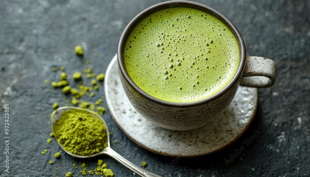 Matcha Latte in a Ceramic Mug with Scattered Powder Matcha Latte in a Ceramic Mug with Scattered Powder