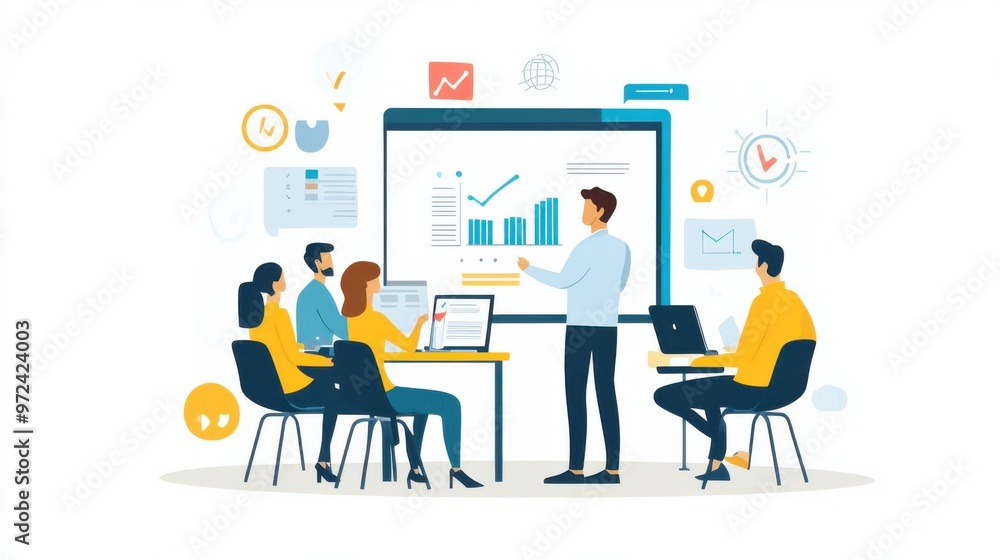 Modern flat design vector of a business training concept with a coach and Modern flat design vector of a business training concept with a coach and