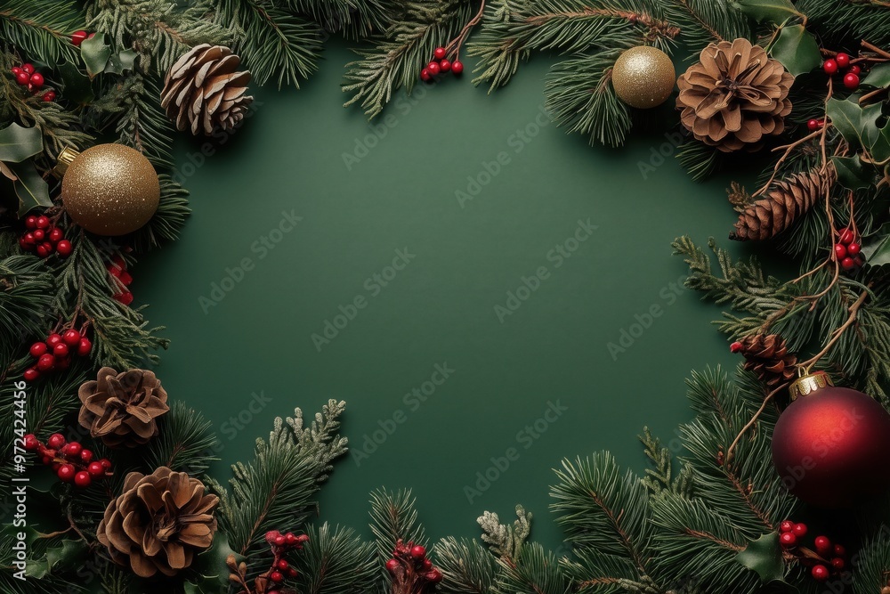 Christmas pine and ornaments frame on dark green background holiday festive decoration Christmas pine and ornaments frame on dark green background holiday festive decoration