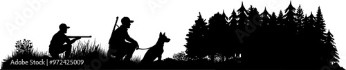 Jagd Vektor Silhouette Landschaft und Natur - Zwei Jäger mit Hund am Waldrand mit Gewehr in der Hocke bei der Pirsch - Bäume, Tannen und Büsche