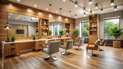 A polished salon interior features modern styling chairs, sleek equipment, and vibrant product displays amidst a warm, photo