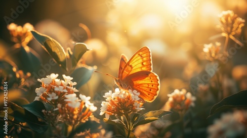 Orange butterflies flying in the garden. spreading wings butterfly on a leaf