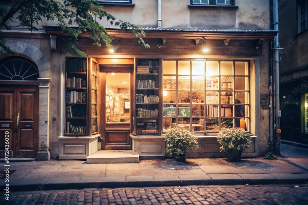 A quiet bookstore tucked away in a small urban street, with warm lighting spilling out.
