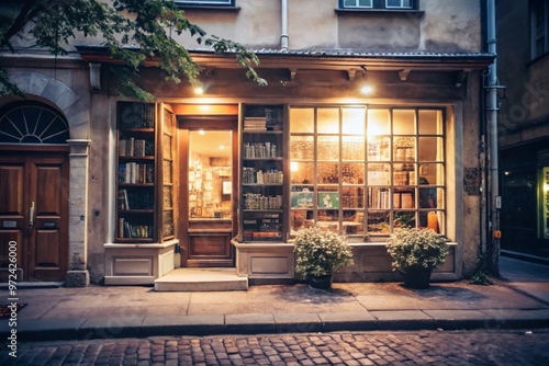 Obraz na płótnie A quiet bookstore tucked away in a small urban street, with warm lighting spilling out. w salonie