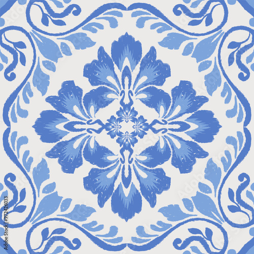 Blue ikat abstract floral pattern. Vector ikat abstract floral seamless pattern classic style. Ikat watercolor floral pattern use for fabric, textile, home decoration elements, upholstery, etc.