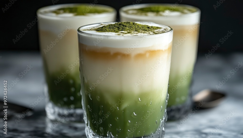 Close-up of Three Iced Matcha Lattes with Powder on Top Close-up of Three Iced Matcha Lattes with Powder on Top
