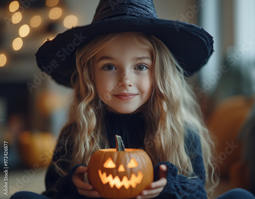 Junior schoolgirl witch drinks from cup decorated like pumpkin. Blonde girl in tall cone hat has dark look for Halloween celebration at home photo