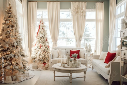 Cozy living room with christmas tree and red gifts in modern interior. Merry christmas background