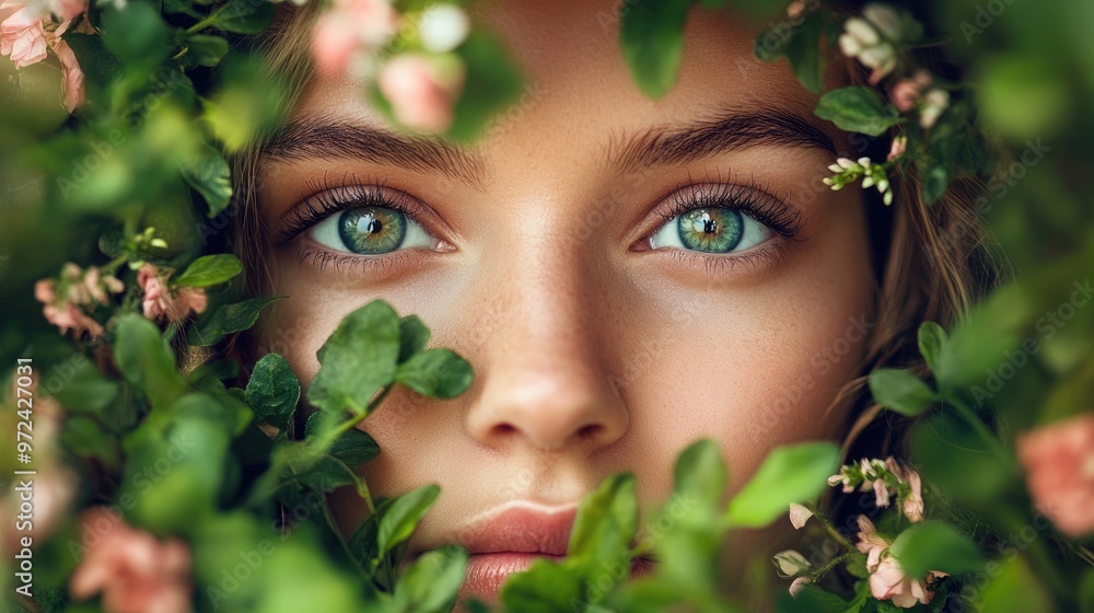 A close-up portrait of a young woman with green eyes looking at the camera through a frame of green leaves and pink flowers. A close-up portrait of a young woman with green eyes looking at the camera through a frame of green leaves and pink flowers.