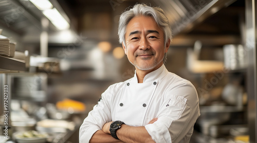 A portrait of a smiling Japanese chef, with gray hair and a white shirt, standing in the kitchen. He is wearing a watch on his left hand, with his arms crossed photo