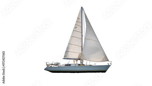 Yacht with sail on white background. Sailboat, small vessel, close-up, PNG format.