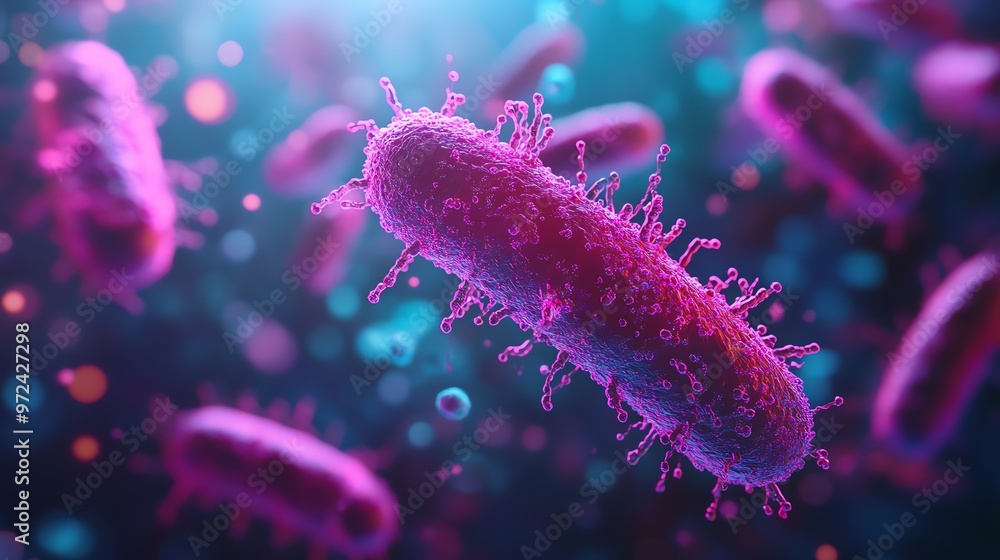 Closeup of bacterial infection in plasma within a vein under microscope, 3D illustration, flat design, microbiology theme, animation, Triadic Color Scheme Closeup of bacterial infection in plasma within a vein under microscope, 3D illustration, flat design, microbiology theme, animation, Triadic Color Scheme