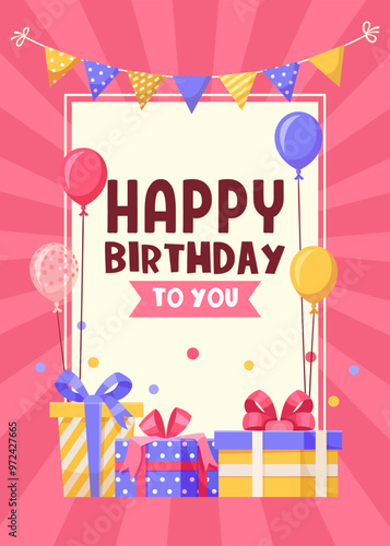 Bright birthday poster with balloons, gifts, and bunting flags on a pink background. Celebration concept. Vector illustration