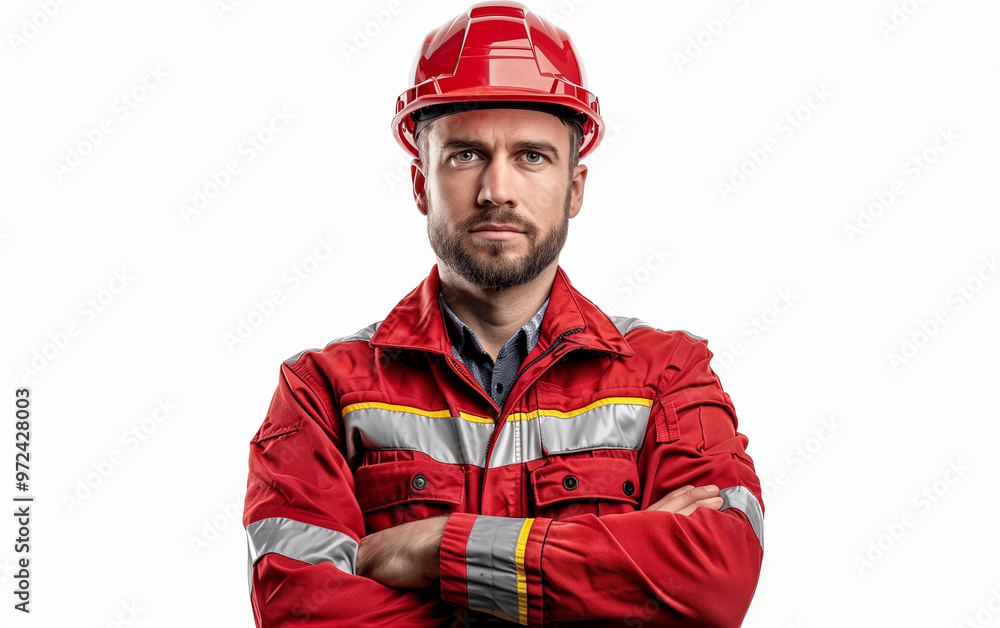 Professional engineer worker in a helmet and red protective workwear uniform holding his hands crossed isolated on white background Professional engineer worker in a helmet and red protective workwear uniform holding his hands crossed isolated on white background