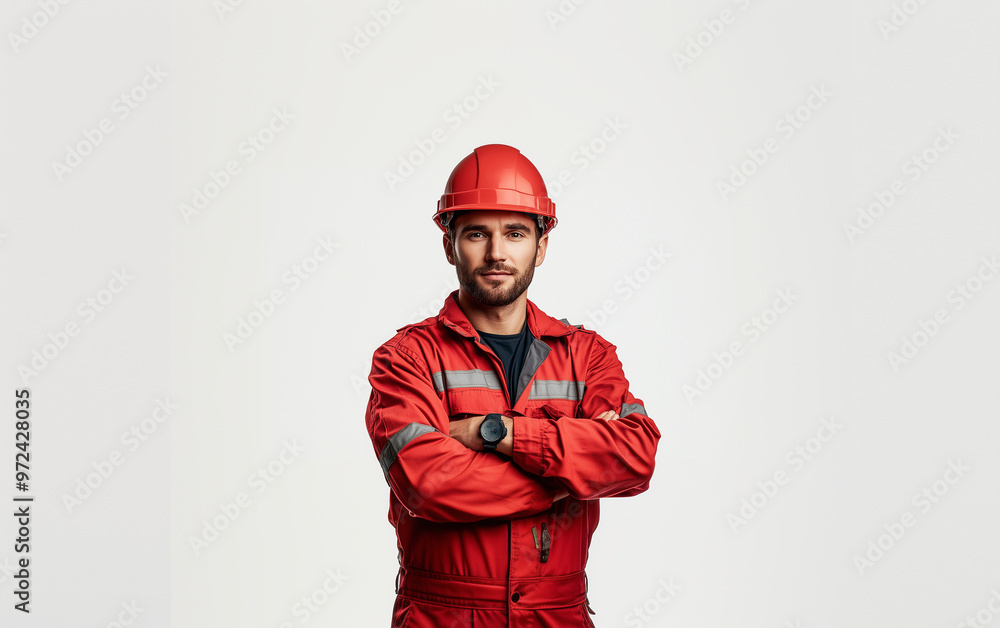 Portrait of a handsome construction worker in a red uniform and helmet, standing with arms crossed, isolated on a white background. Detailed, natural lighting, sharp focus Portrait of a handsome construction worker in a red uniform and helmet, standing with arms crossed, isolated on a white background. Detailed, natural lighting, sharp focus