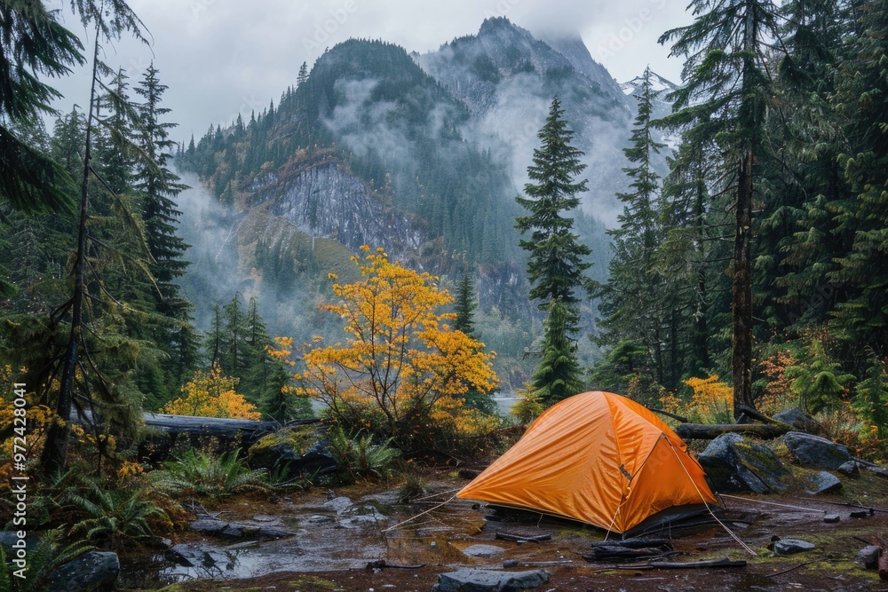 Orange Tent in Misty Forest Mountains with Fall Foliage and Tree Reflections Orange Tent in Misty Forest Mountains with Fall Foliage and Tree Reflections