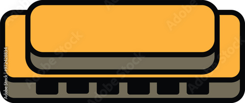 A cartoonish image of a harmonica with a yellow button on top