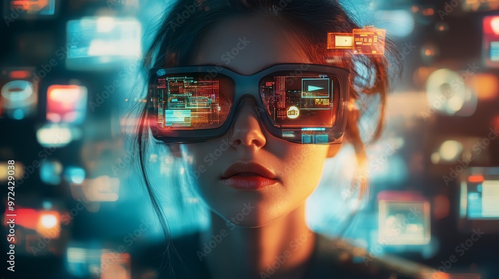 Creative Graphic Designer with Digital Glasses Surrounded by Glowing Design Tools and Software Icons in 3D Illustration Style Creative Graphic Designer with Digital Glasses Surrounded by Glowing Design Tools and Software Icons in 3D Illustration Style