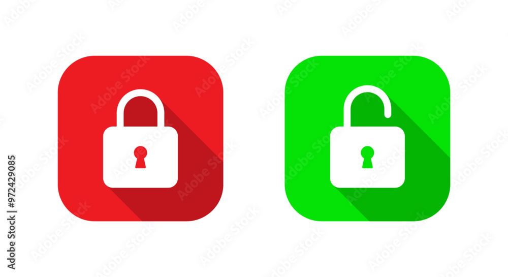 Lock and unlock icon on square background. Padlock with long shadow Lock and unlock icon on square background. Padlock with long shadow