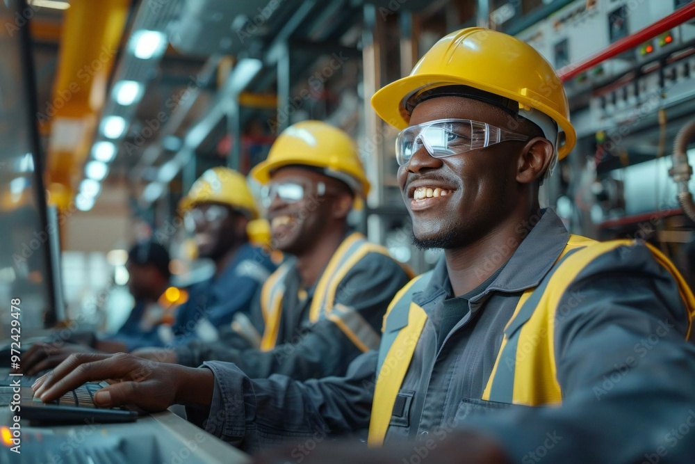 beautiful diverse African group of engineer operators in eyeglasses are smiling and laughing while using the SCADA system at an industrial plant, looking focused on the computer screens beautiful diverse African group of engineer operators in eyeglasses are smiling and laughing while using the SCADA system at an industrial plant, looking focused on the computer screens