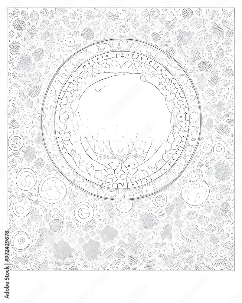 Obraz premium A gray and white poster with a moon and a circle on it.