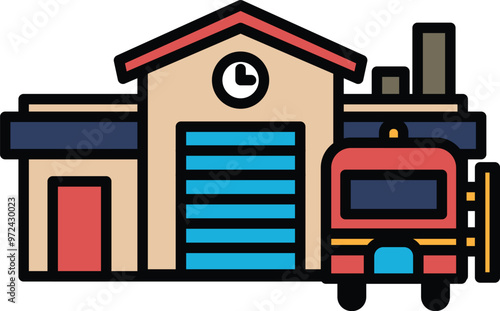 A red fire truck is parked in front of a building with a clock on the side