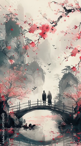 Scenic Cherry Blossom Bridge Nature Misty Art