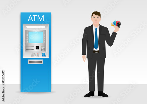 Businessman Using Credit Card to Withdraw Money from ATM. Vector Illustration.