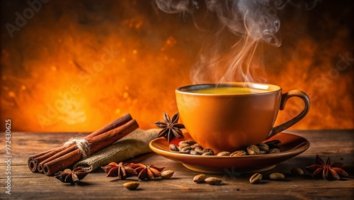 Aromatic steam rises from a vibrant orange-hued cup of spicy chai, garnished with cinnamon sticks and cardamom pods, photo