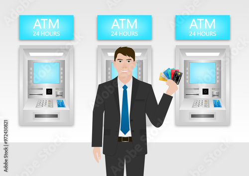 Businessman Using Credit Card to Withdraw Money from ATM. Vector Illustration.