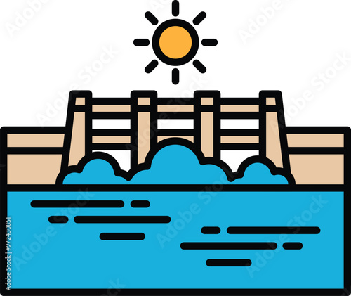 Illustration of a hydroelectric dam in line drawing style.