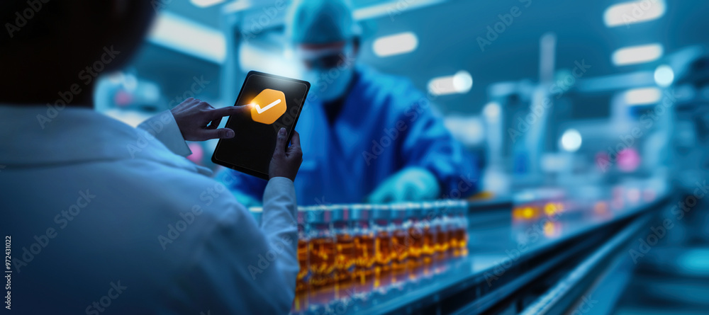 laboratory scene showing a professional using a tablet for quality control. The tablet displays a checkmark, indicating successful verification, while in the background,