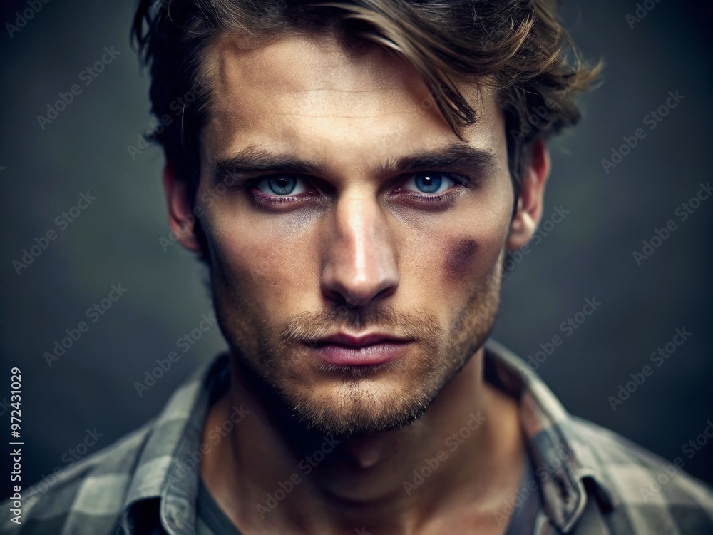 A ruggedly handsome young man with a noticeable black eye and a hint of a smirk, exuding a A ruggedly handsome young man with a noticeable black eye and a hint of a smirk, exuding a