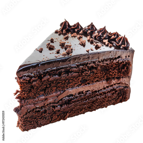 Decadent Slice of Chocolate Cake with Rich Chocolate Icing and Toppings photo