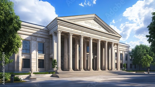 A detailed 3D image of a classic bank building with columns, designed to look like a museum or government building.