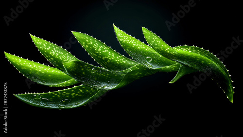Fresh aloe vera leaves with dewdrops, highlighting the plant's spiny texture against a dark background.