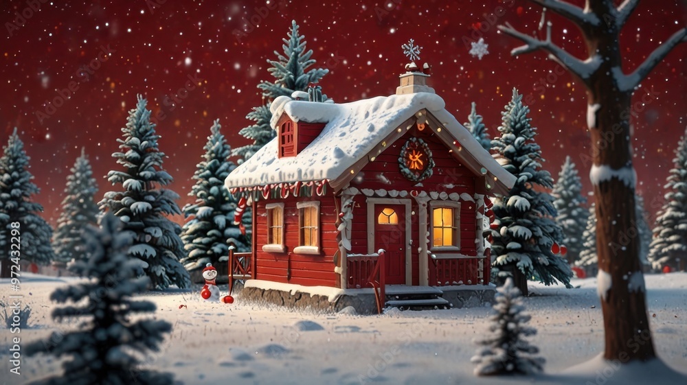 Christmas cabin with snow and festive lights Christmas cabin with snow and festive lights