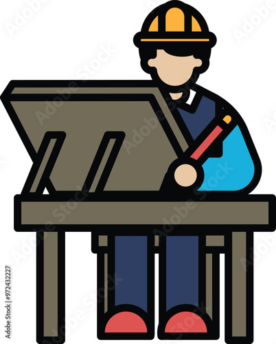 Illustration of an architect with a drafting table in line style.