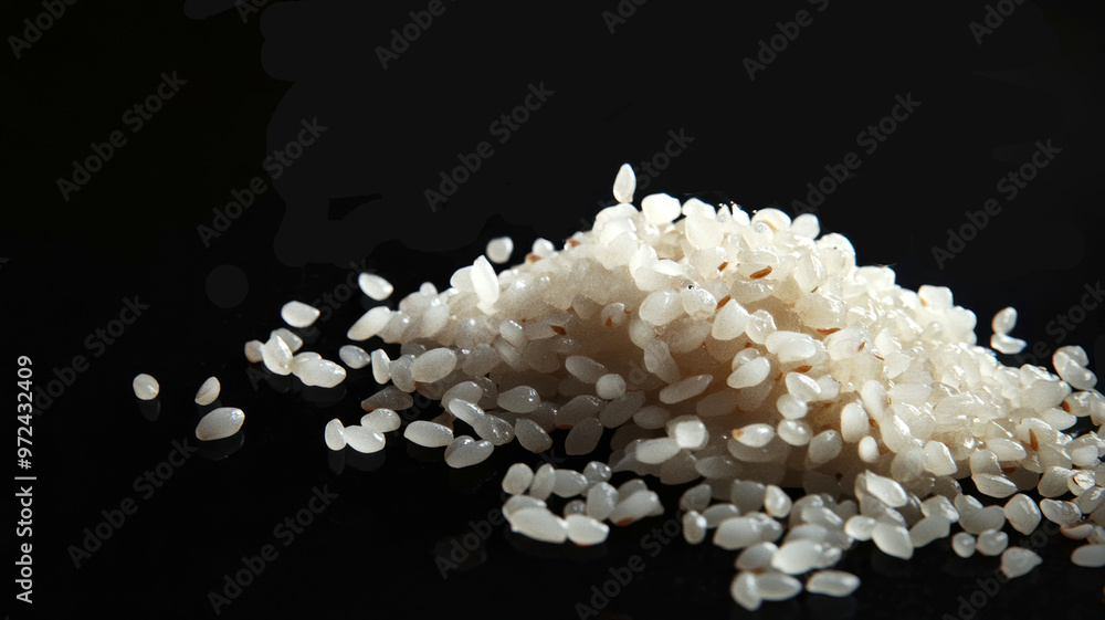 Close-Up of Pile of White Rice Grains Scattered on Dark Background, Highlighting the Texture and Purity of This Staple Food Ingredient Close-Up of Pile of White Rice Grains Scattered on Dark Background, Highlighting the Texture and Purity of This Staple Food Ingredient
