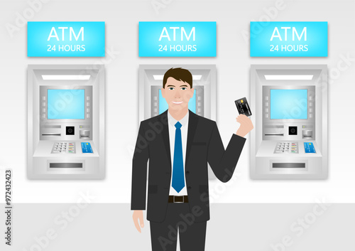 Businessman Using Credit Card to Withdraw Money from ATM. Vector Illustration.